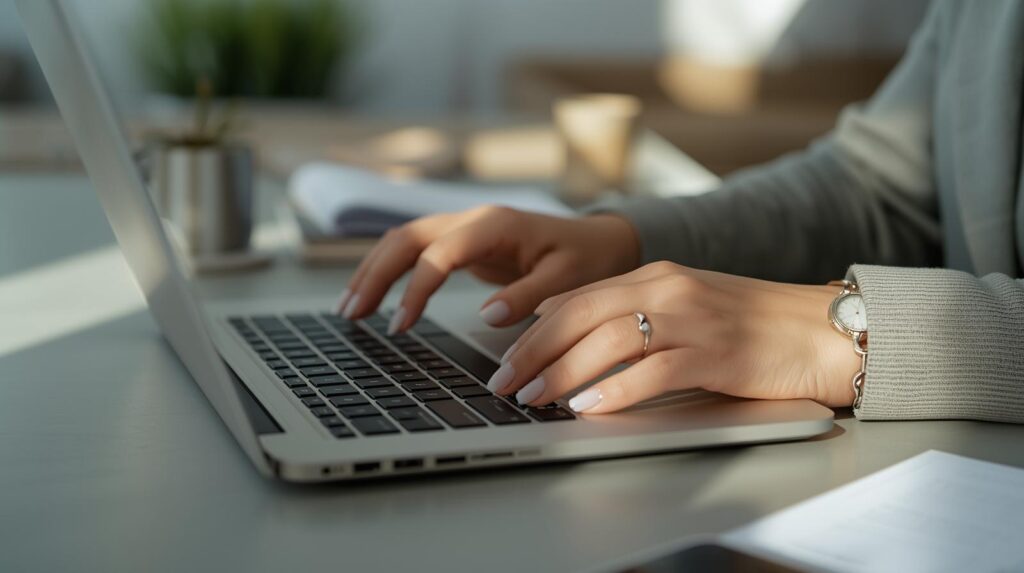 Hands typing on a laptop representing calm, structured business consulting and operational support.